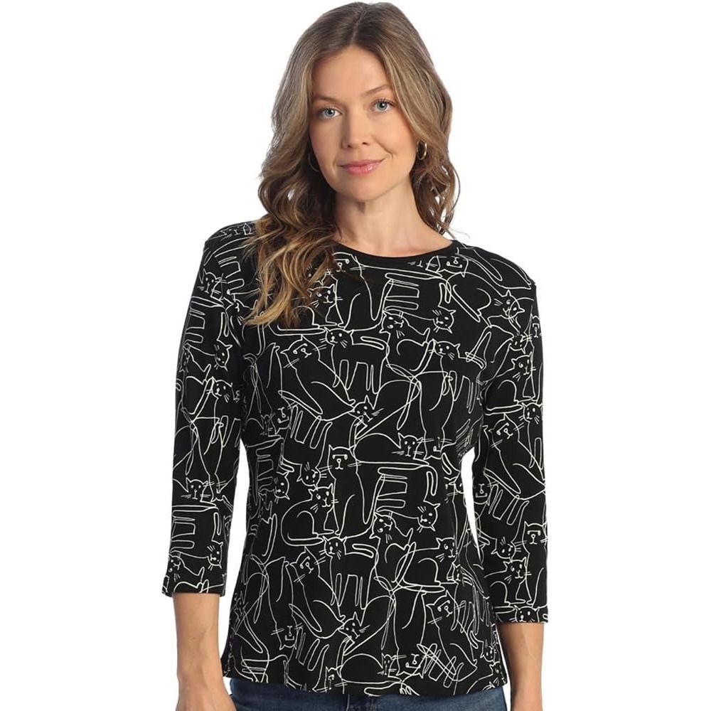 NWT Jess & Jane Kit Cat Top S Black Art Tee Quirky Whimsical Fun Boho Cute Goth